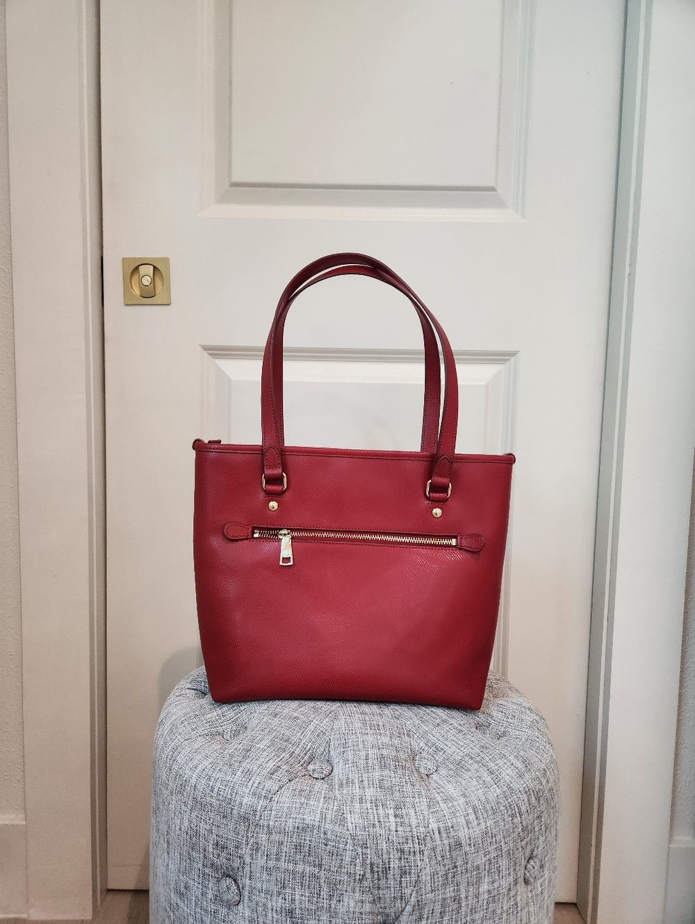 Coach Red Leather Tote Bag with Gold Accent - Picture 7 of 10